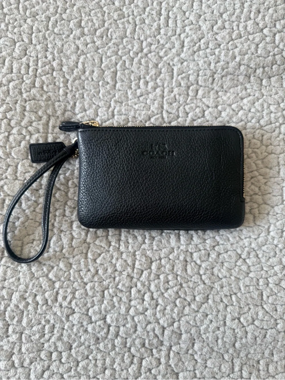 Coach Black Pebbled Leather Double Zip Wristlet Wallet Clutch Gold Hardware